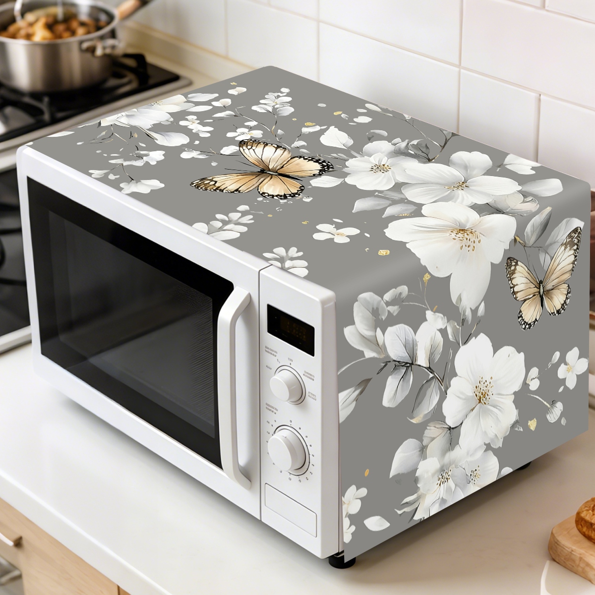 Kitchen Appliances In White - 1pc White Flower Microwave Dust Cover